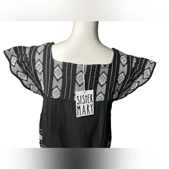 SISTER MARY embroidered tribal shift square neck dress ruffle cap sleeve NWT